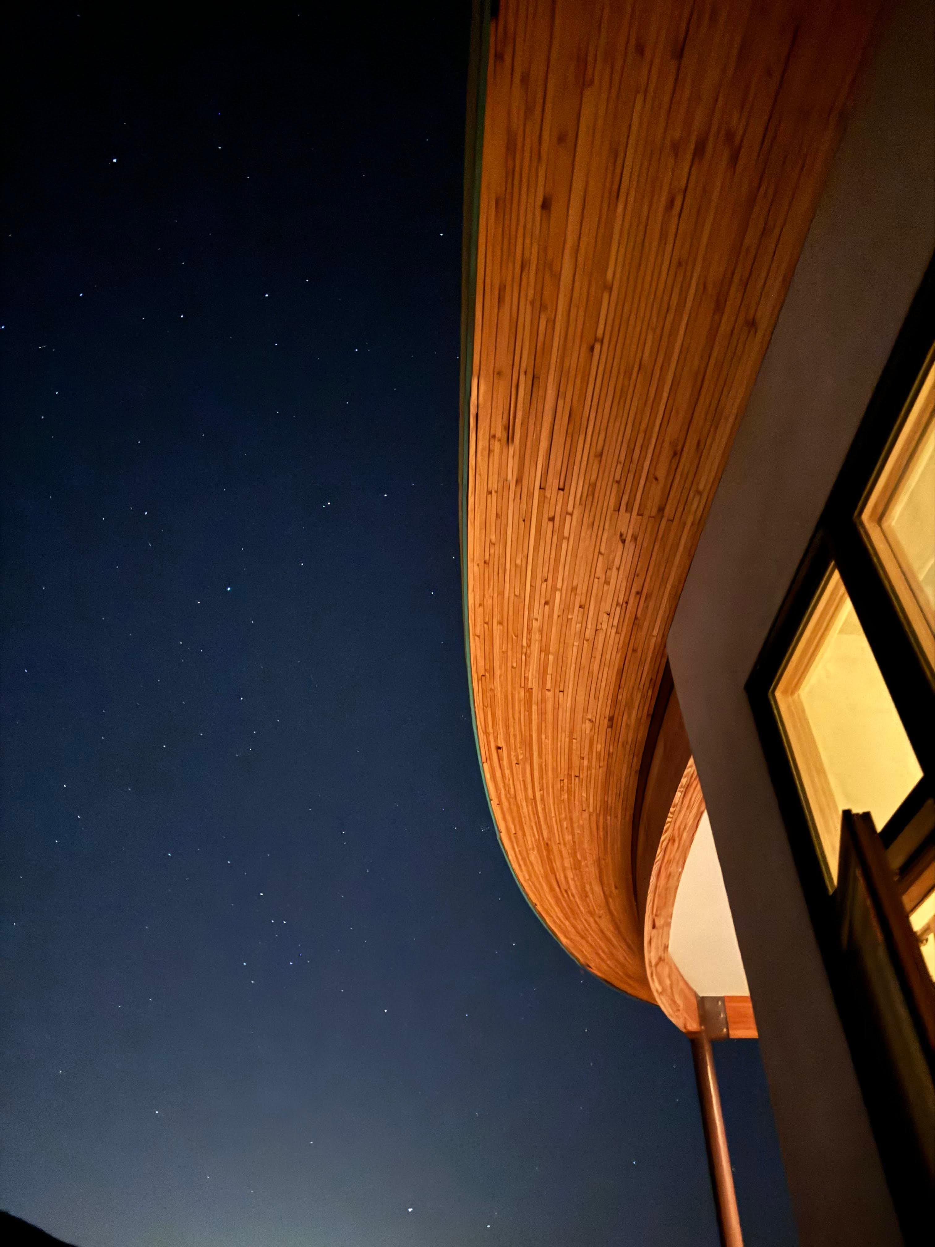 The curved strawbale roofline of Mesa Sky Disk seen from below against a star-filled night sky.
